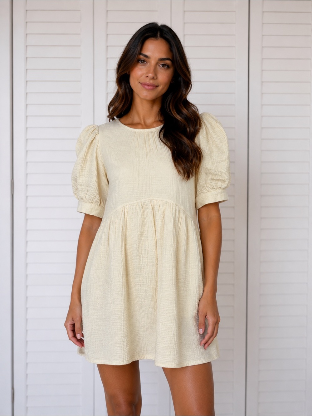 &merci Milkmaid Puff-Sleeve Mini Dress  Babydoll Boho size M Cream Cottagecore
